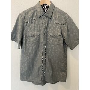 Rock Roll N Soul Button Shirt Men M Gray Skulls All Star Short Sleeve Pearl Snap